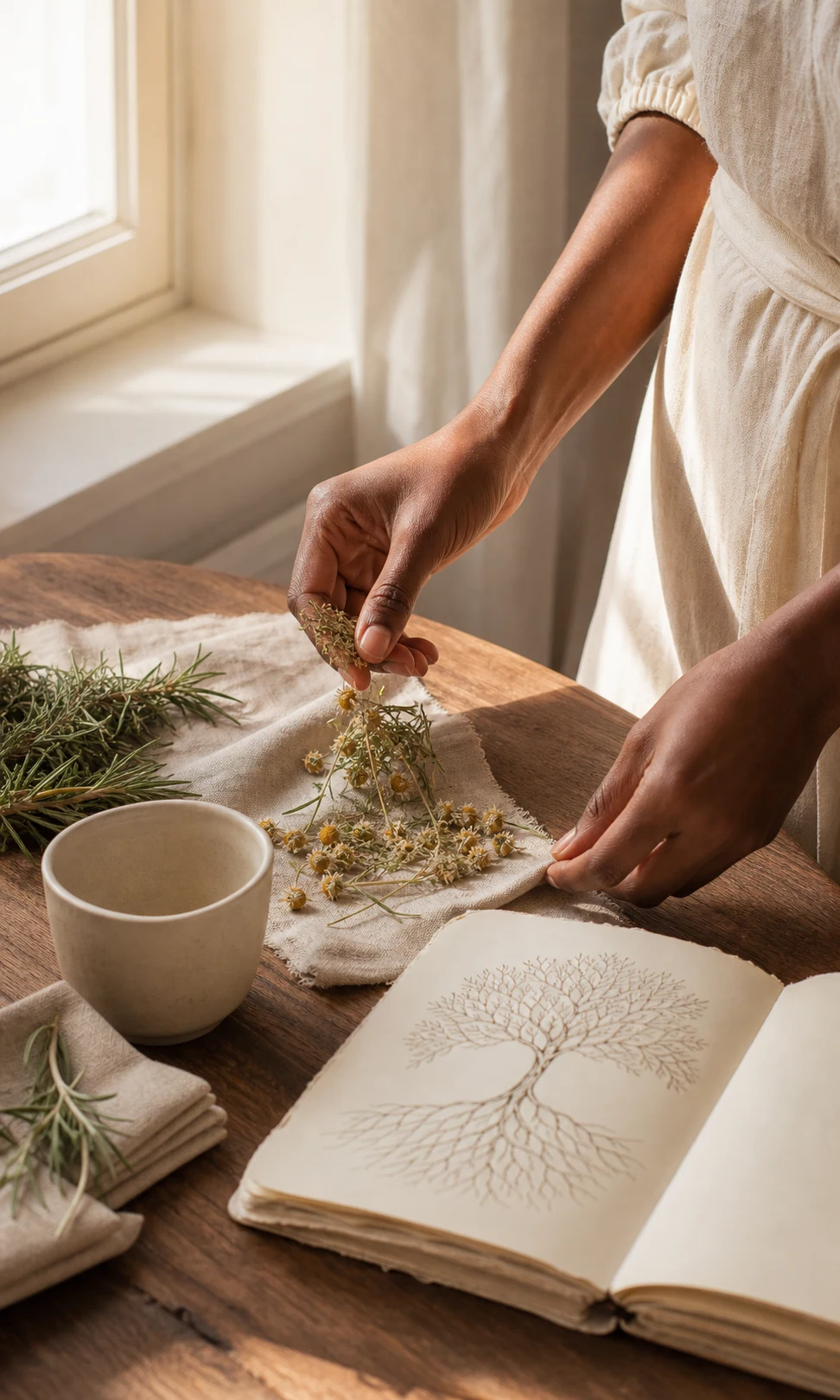 Hands arranging herbs, linen, and a care journal in warm morning light